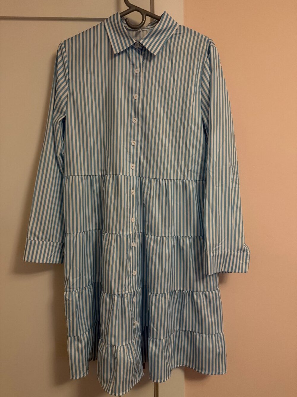 Shirt Dress Tiered Blue White Striped Size M